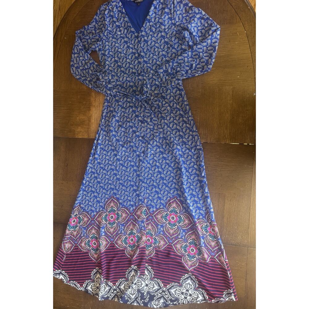 Express Maxi Dress Women’s Size XS Blue Paisley Floral Long Sleeve